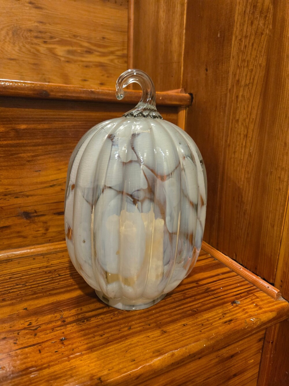 10" White Hand Blown Glass Flickering LED Illuminated Pumpkin
